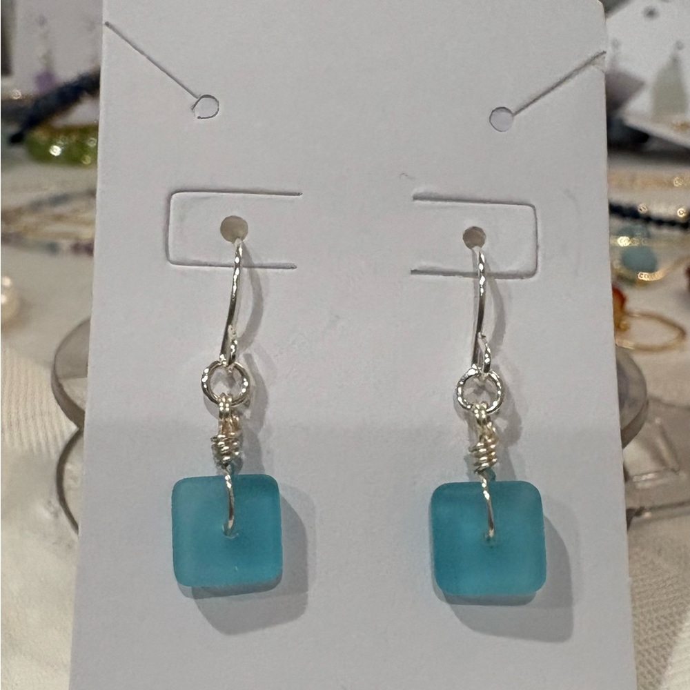 Modern Aqua Sea Glass and Sterling Silver Earrings